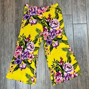 ECI New York Yellow Floral Wide Leg Cropped Pants Women's XL‎ Rayon Summer